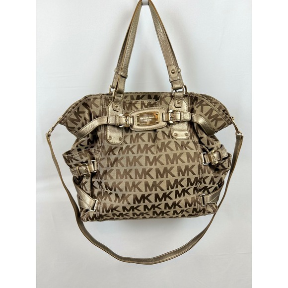 Michael Kors MK Logo Tote Shoulder Handbag Metallic Gold Brown - Picture 1 of 12